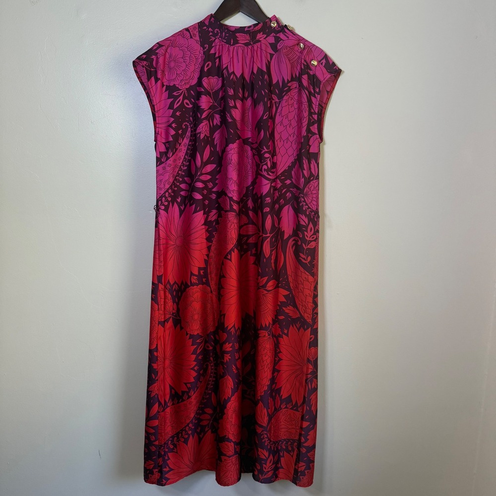 Ann Taylor Floral Paisley High Neck Button Shoulder Midi Dress Size S Pink Red